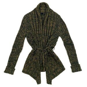 green and tan marled cardigan with a waist tie